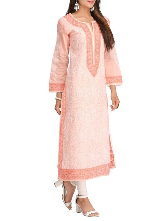 peach cotton straight kurta - 15053771 - Zoom Image - 2