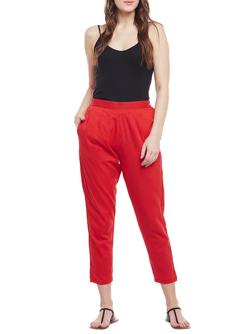 red solid cotton peg trouser - 15054070 - Zoom Image - 4