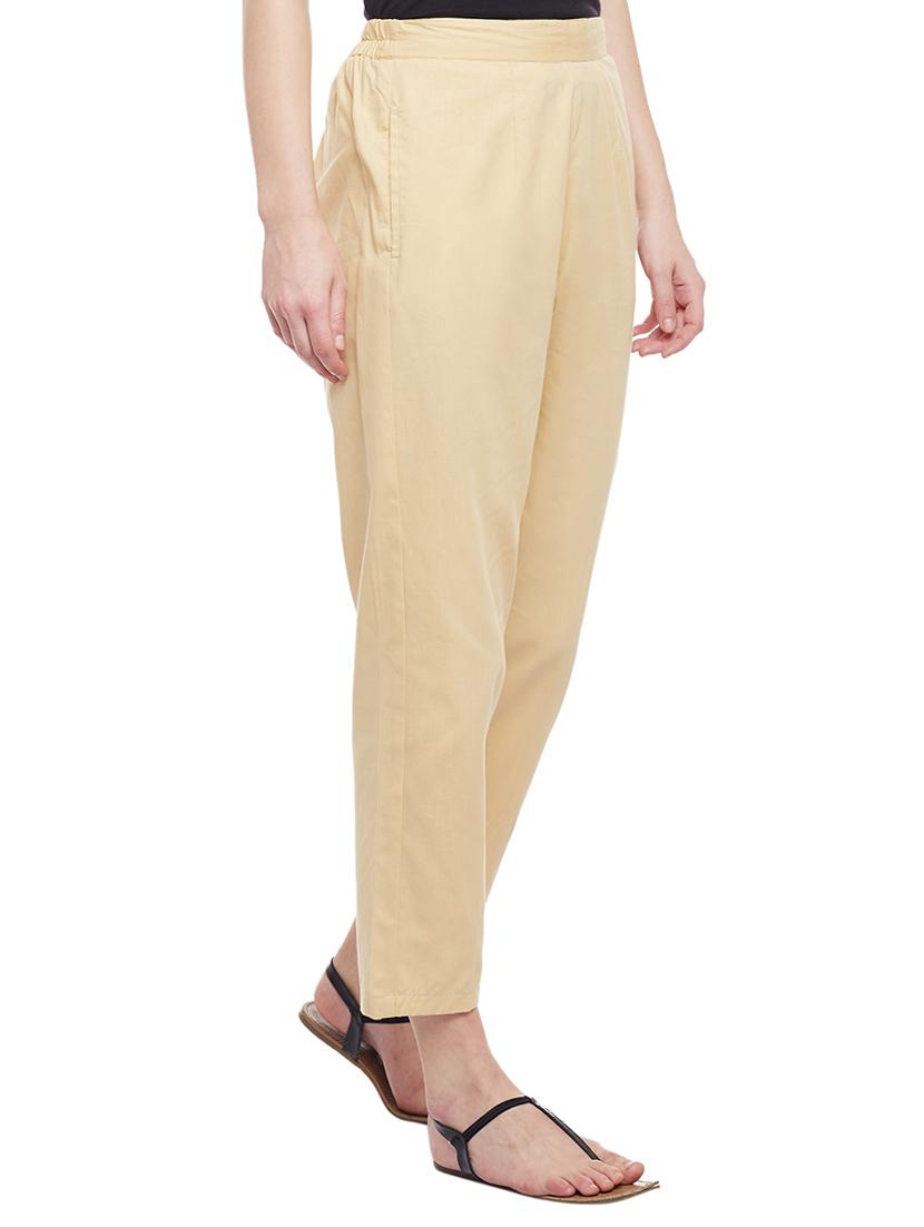 beige solid cotton peg trouser - 15054071 - Zoom Image - 2