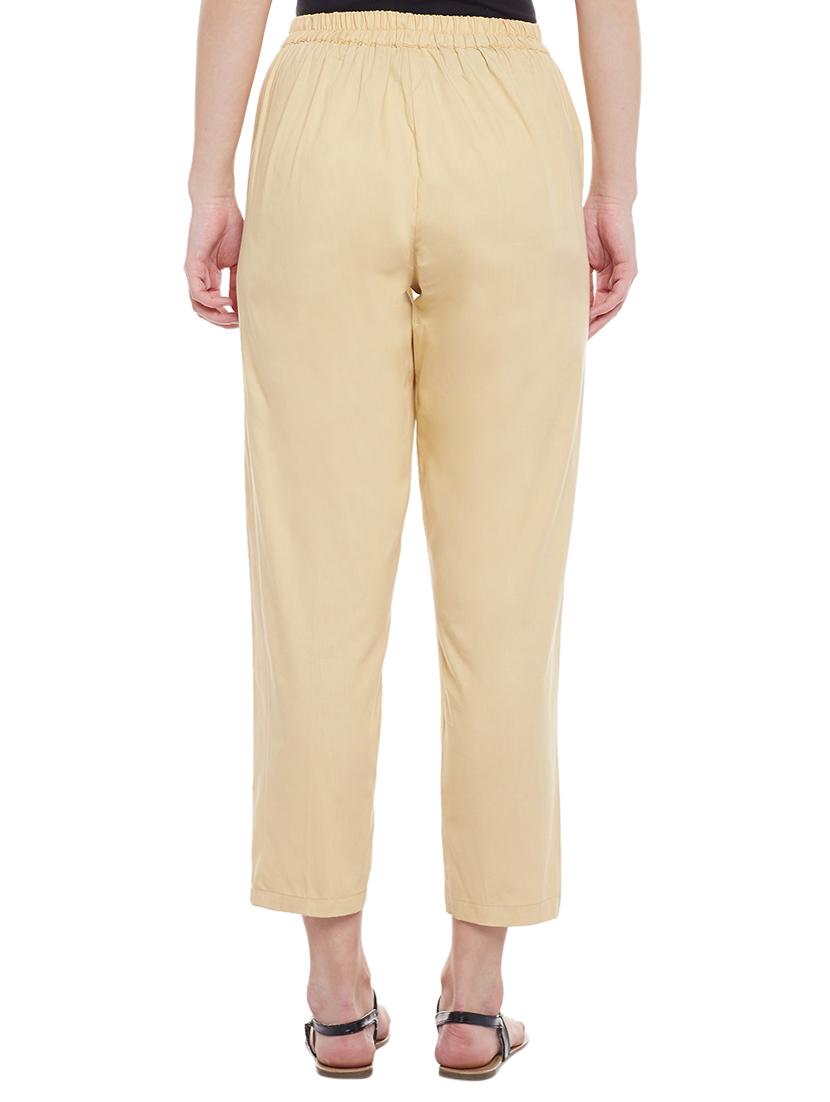 beige solid cotton peg trouser - 15054071 - Zoom Image - 3