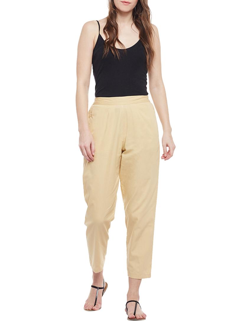 beige solid cotton peg trouser - 15054071 - Zoom Image - 4
