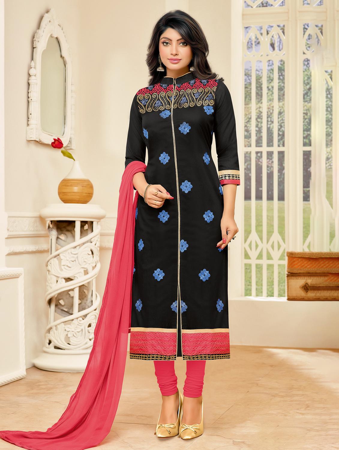 black cotton unstitched churidaar suits - 15054938 - Zoom Image - 1