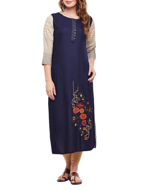 blue viscose straight kurta - 15056036 - Standard Image - 1