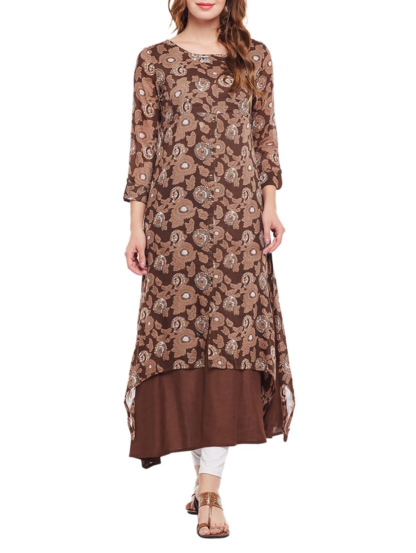 brown cotton layered kurta - 15056054 - Zoom Image - 1