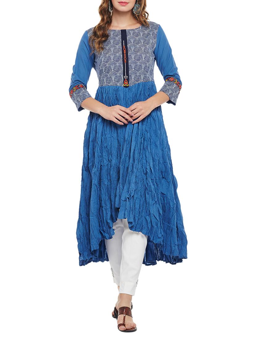 blue cotton high low kurta - 15056063 - Zoom Image - 1