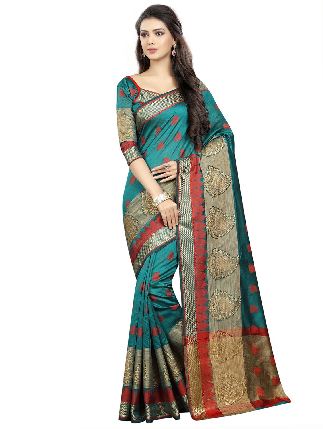 green cotton blend woven saree with blouse - 15057014 - Zoom Image - 1
