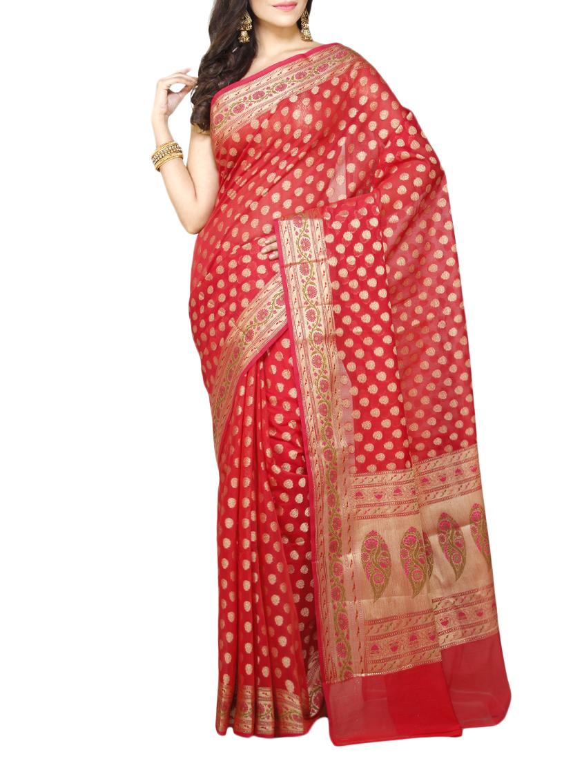 red cotton blend woven saree with blouse - 15057164 - Zoom Image - 1