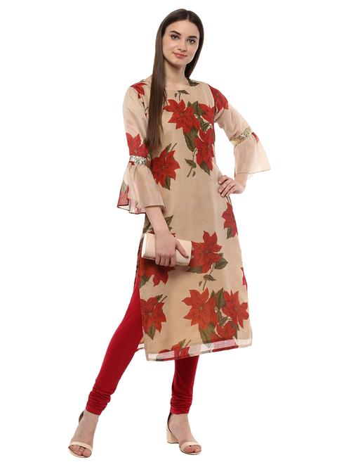 beige chanderi straight kurta - 15059557 - Standard Image - 1