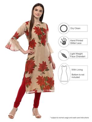 beige chanderi straight kurta - 15059557 - Standard Image - 3