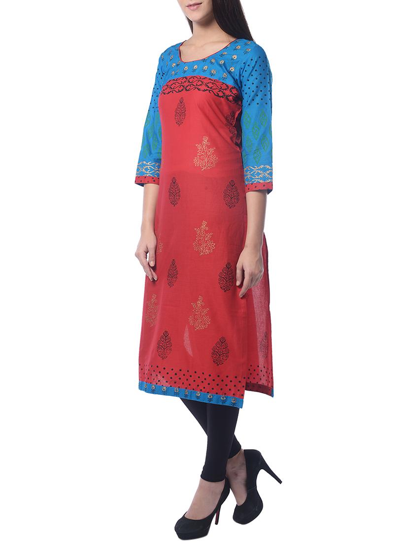 red cotton straight kurta - 15060204 - Zoom Image - 2