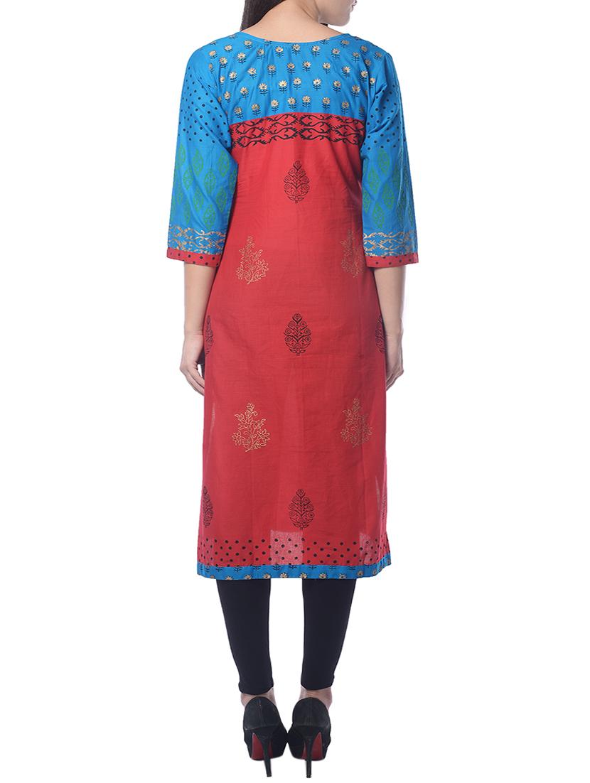 red cotton straight kurta - 15060204 - Zoom Image - 3