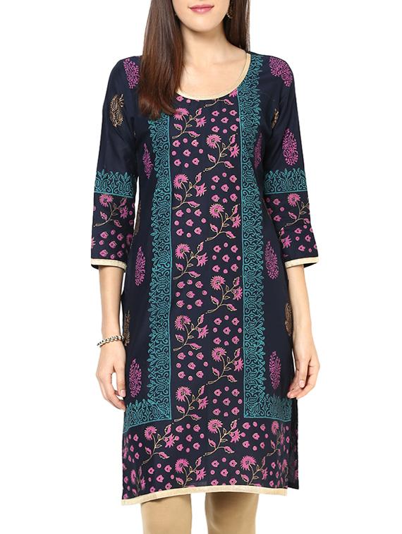 blue cotton straight kurta - 15060207 - Zoom Image - 1
