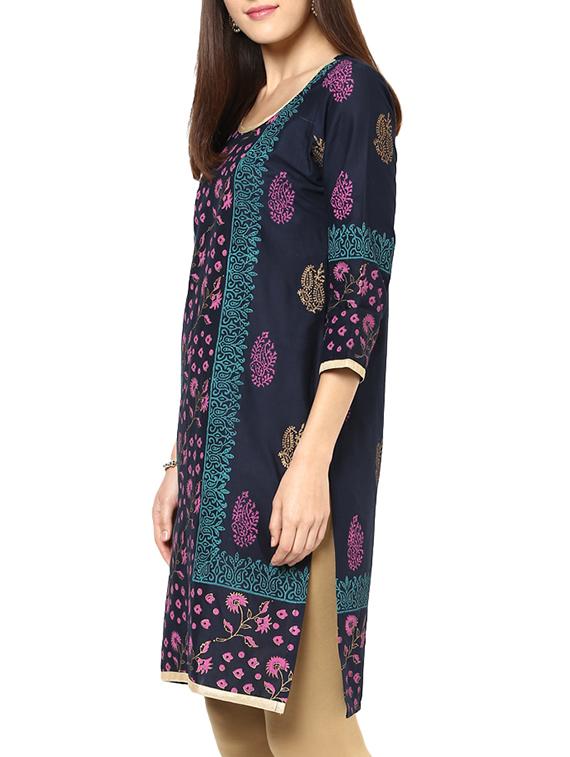 blue cotton straight kurta - 15060207 - Zoom Image - 2