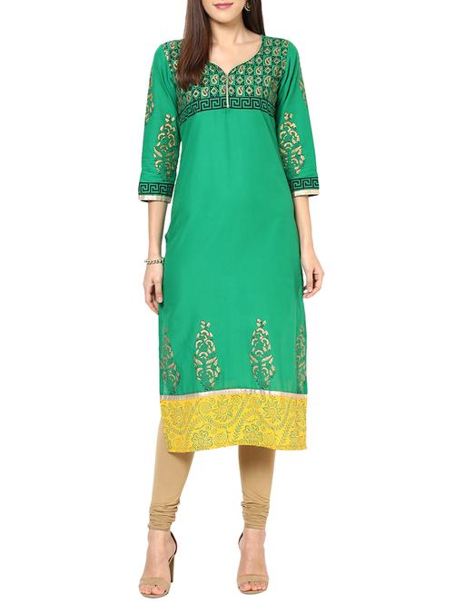 green cotton straight kurta - 15060214 - Standard Image - 1