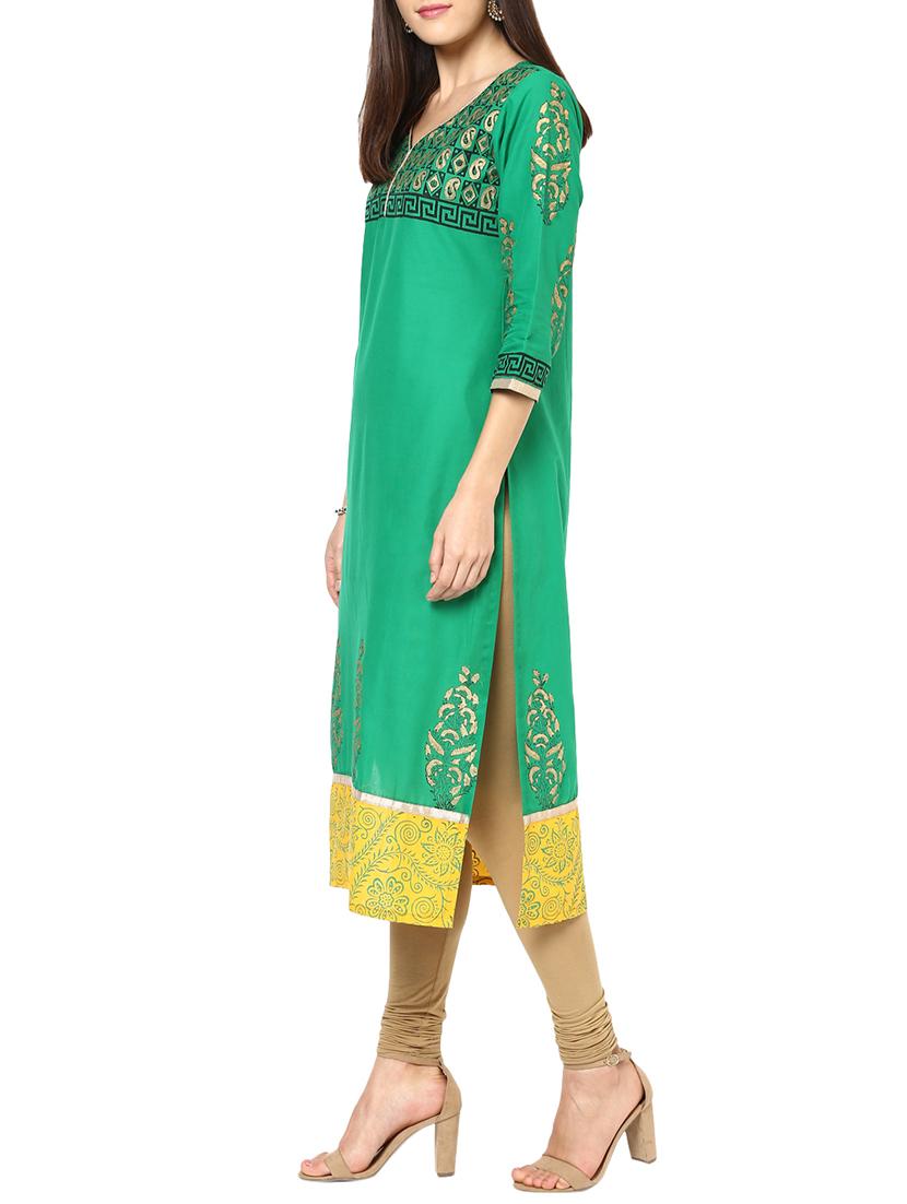 green cotton straight kurta - 15060214 - Zoom Image - 2