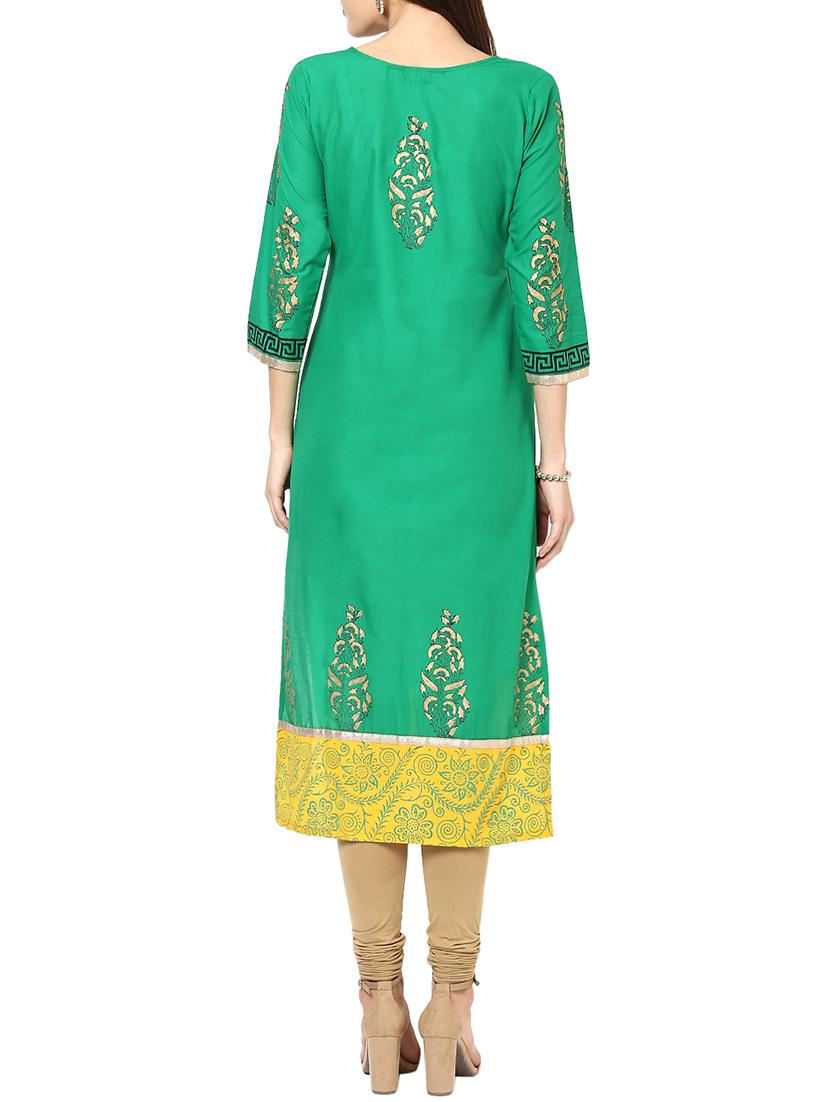 green cotton straight kurta - 15060214 - Zoom Image - 3