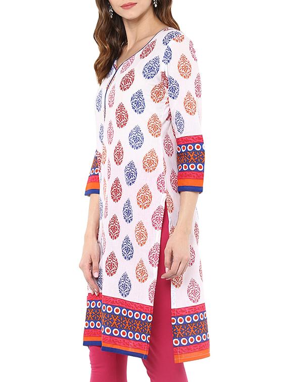 white cotton straight kurta - 15060219 - Zoom Image - 2