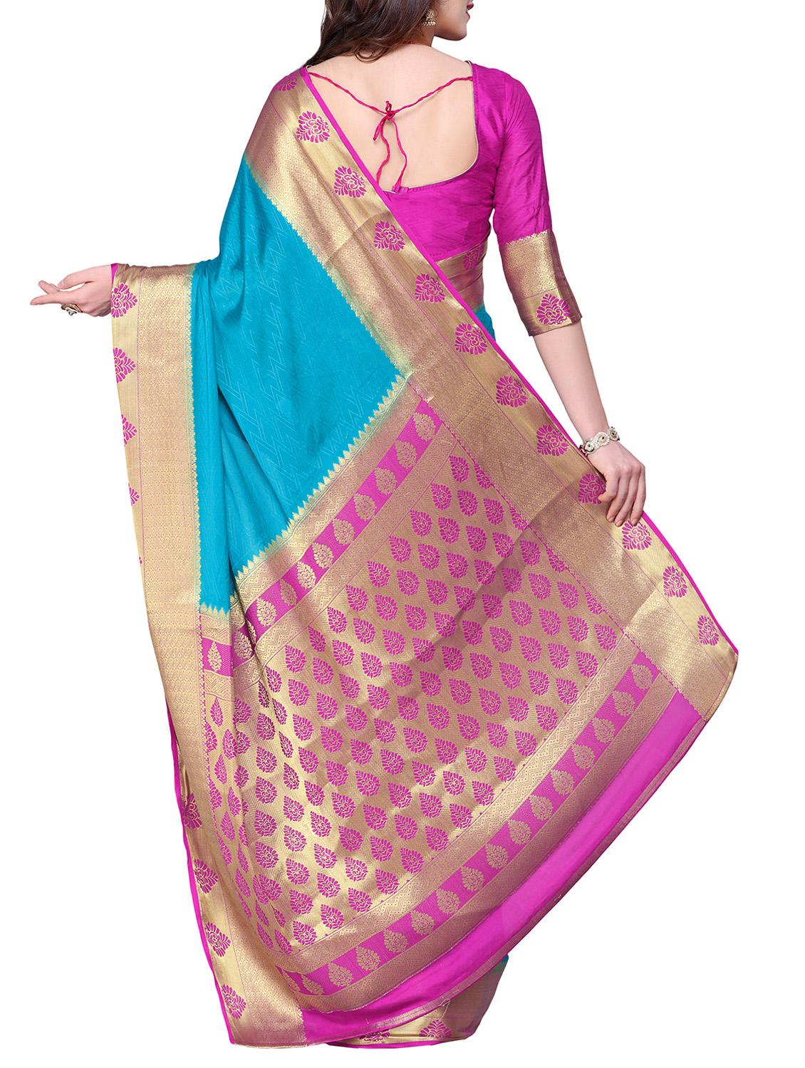 turquoise crepe kanjivaram saree with blouse - 15063695 - Zoom Image - 2