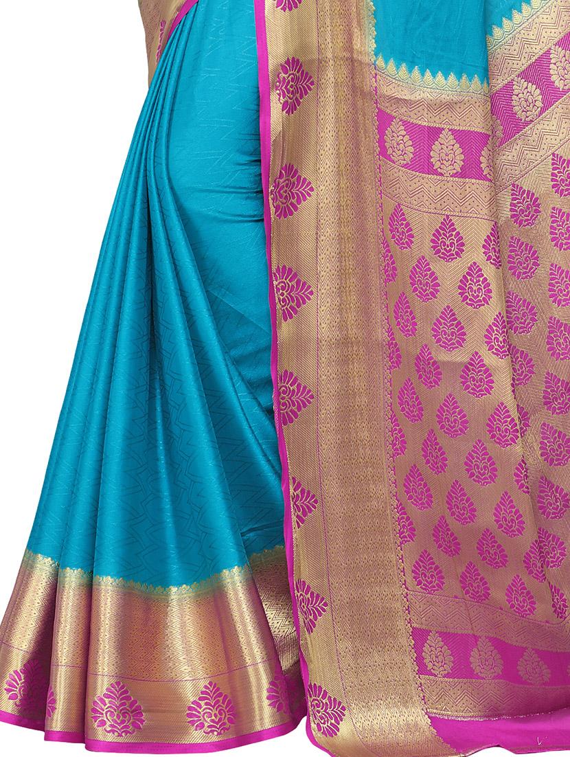 turquoise crepe kanjivaram saree with blouse - 15063695 - Zoom Image - 3
