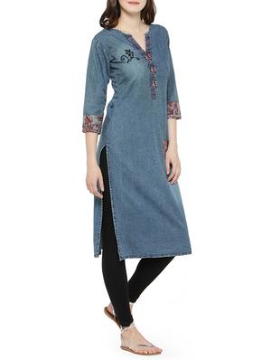 blue denim straight kurta - 15064162 - Standard Image - 2