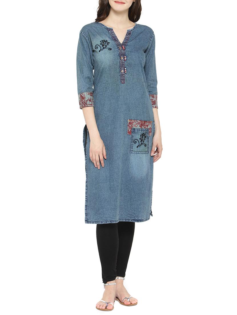 blue denim straight kurta - 15064162 - Zoom Image - 1