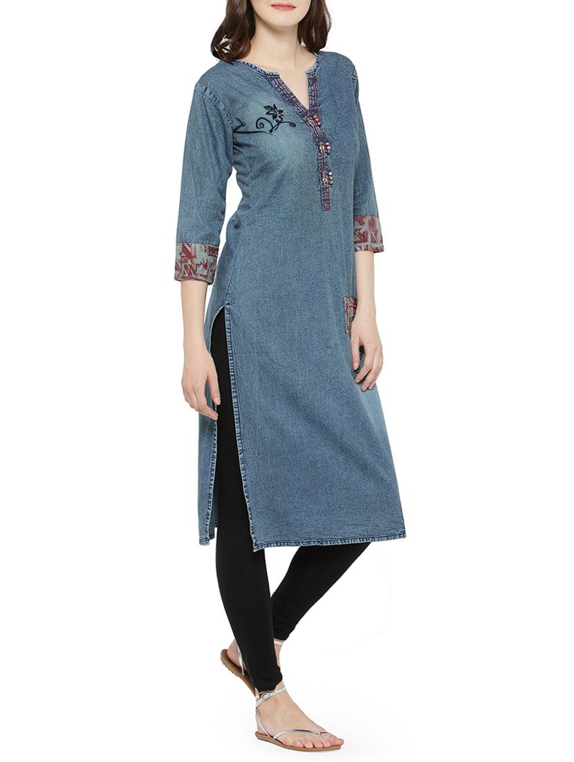 blue denim straight kurta - 15064162 - Zoom Image - 2