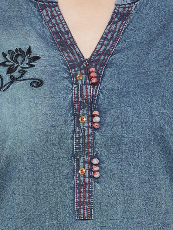 blue denim straight kurta - 15064162 - Zoom Image - 4