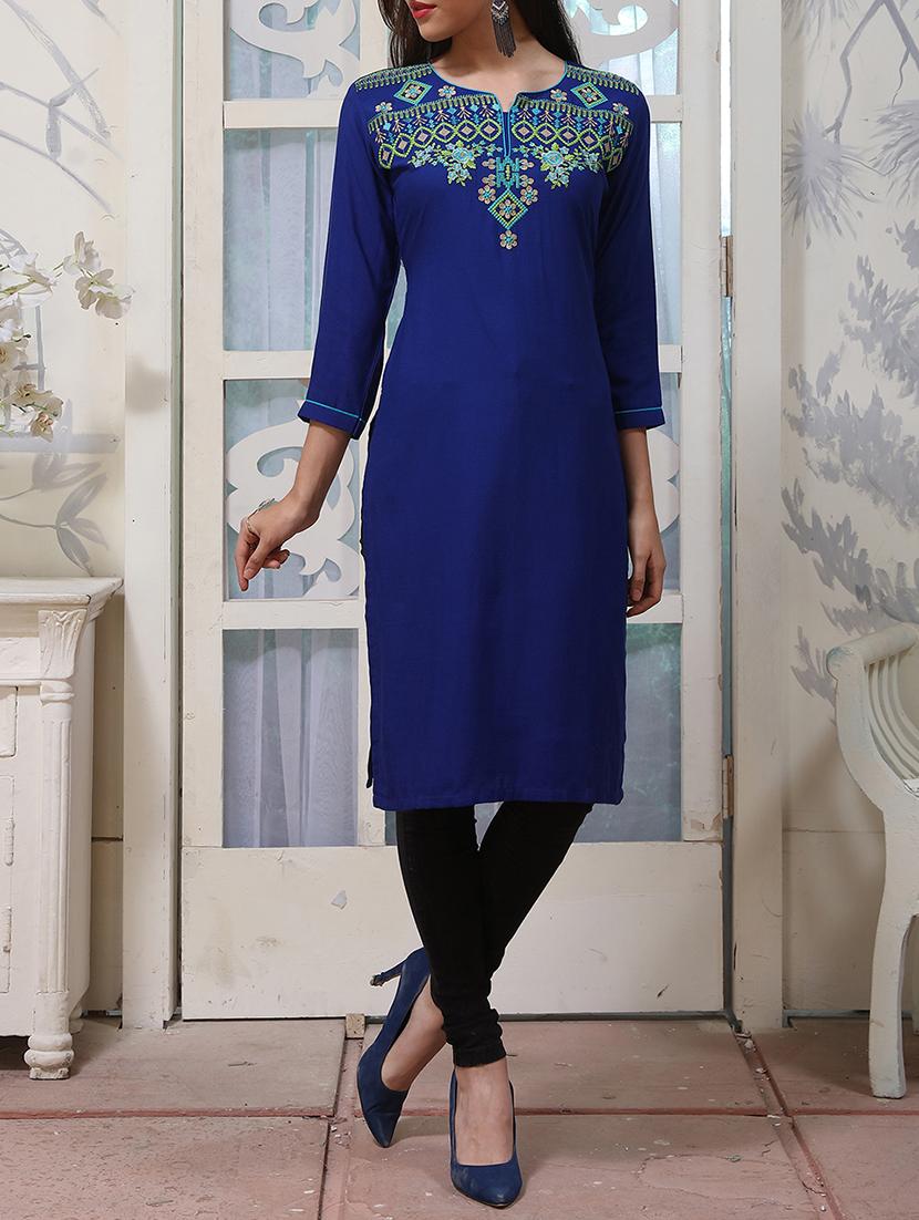 blue rayon straight kurta - 15064188 - Zoom Image - 1