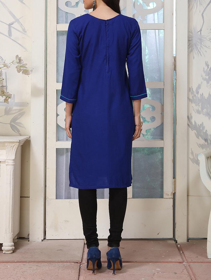 blue rayon straight kurta - 15064188 - Zoom Image - 3