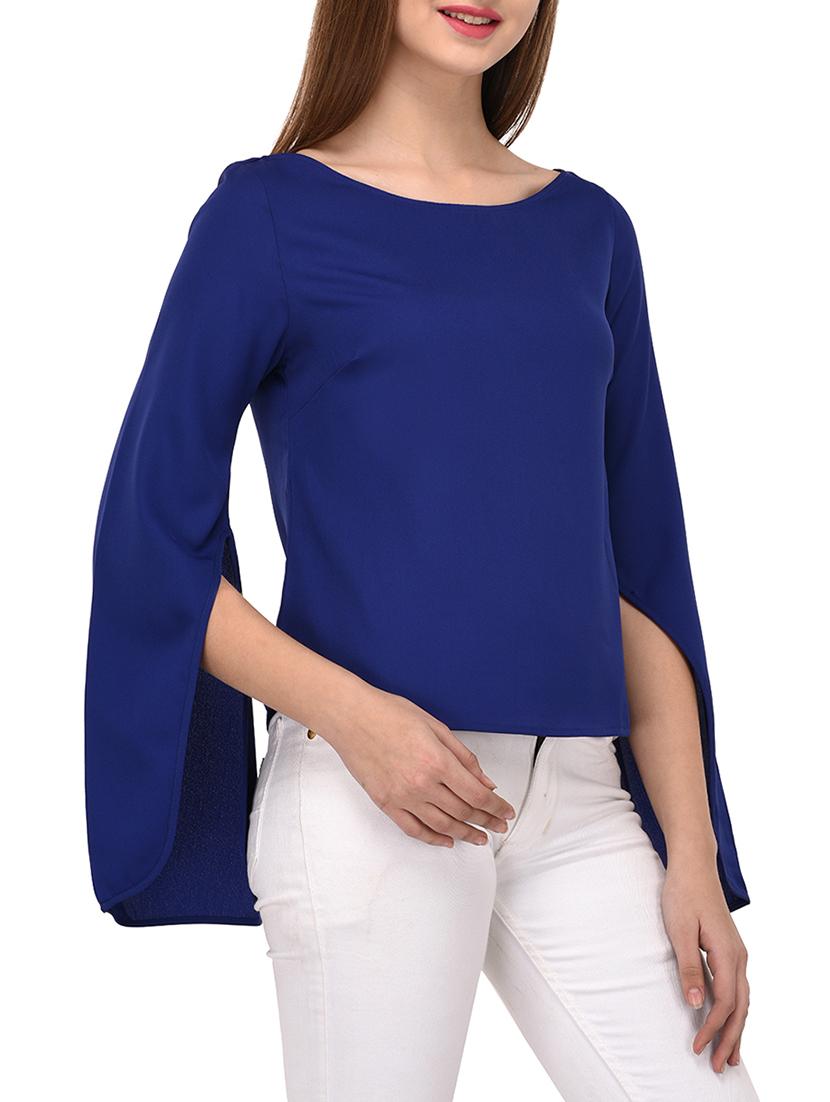 blue solid slit sleeved top - 15067659 - Zoom Image - 2