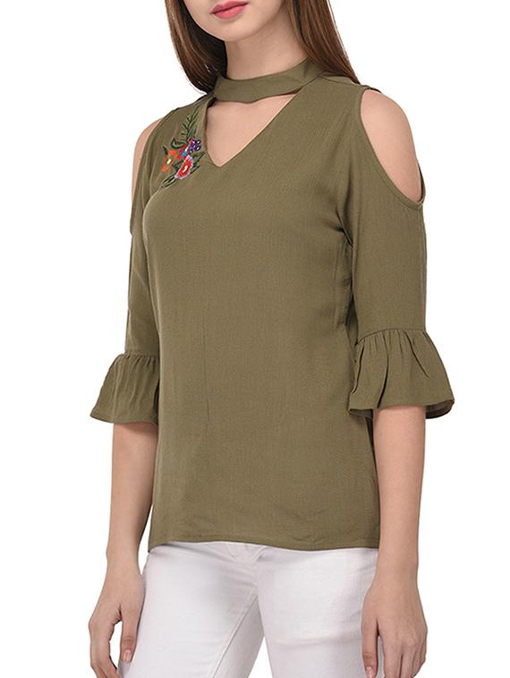 olive green solid embroidered top - 15067661 - Zoom Image - 2
