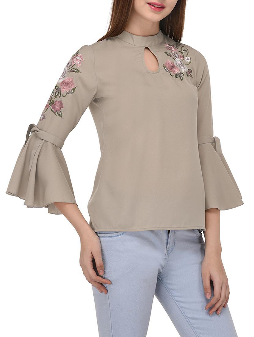 grey solid embroidered top - 15067663 - Zoom Image - 2