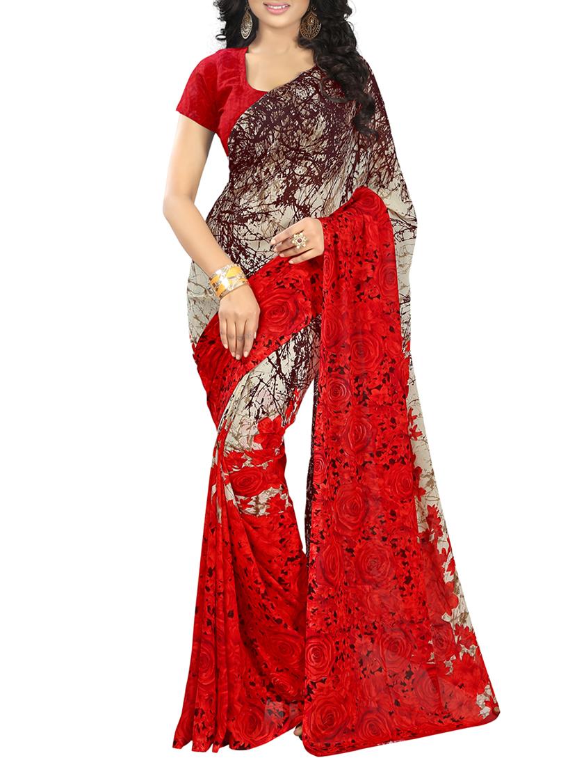 red georgette printed saree with blouse - 15068232 - Zoom Image - 1