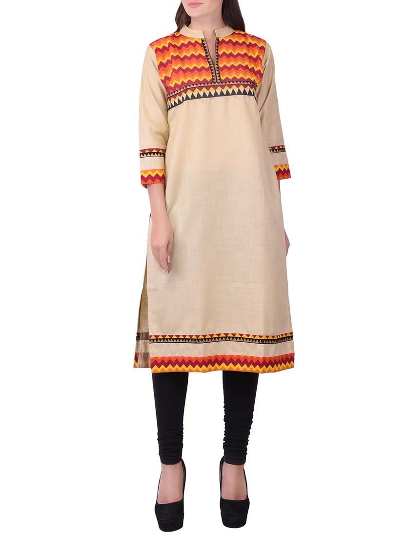 beige cotton straight kurta - 15068550 - Zoom Image - 1