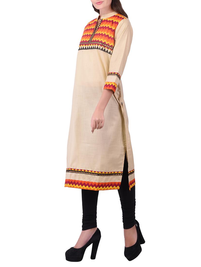 beige cotton straight kurta - 15068550 - Zoom Image - 2