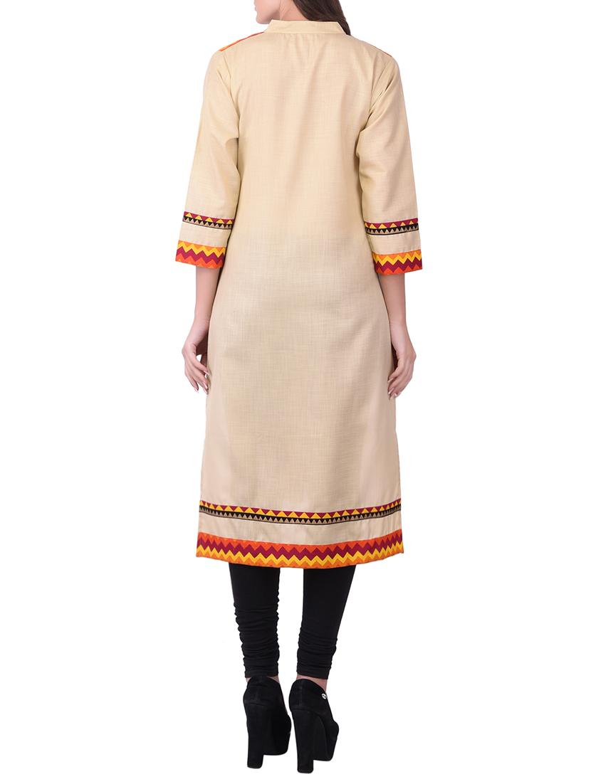 beige cotton straight kurta - 15068550 - Zoom Image - 3