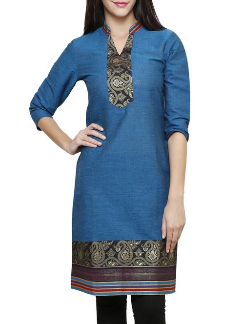blue cotton straight kurta - 15069151 - Standard Image - 1
