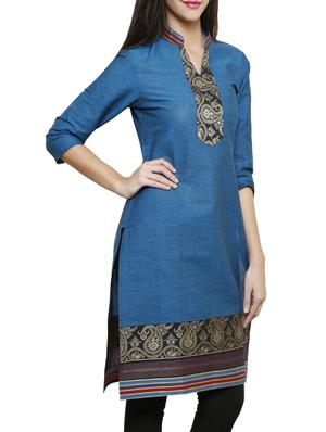 blue cotton straight kurta - 15069151 - Standard Image - 2