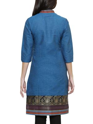 blue cotton straight kurta - 15069151 - Standard Image - 3