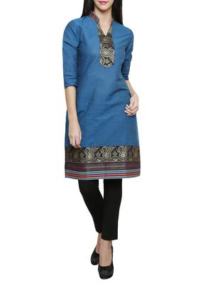 blue cotton straight kurta - 15069151 - Standard Image - 4