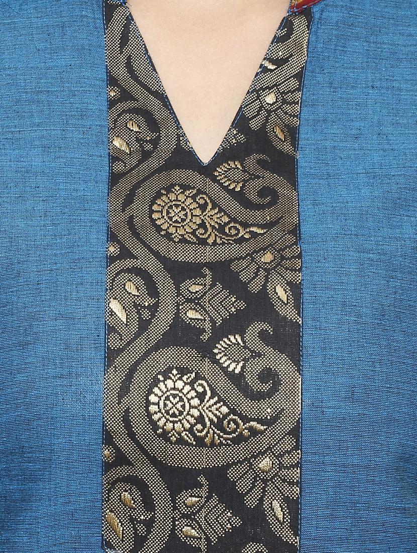 blue cotton straight kurta - 15069151 - Zoom Image - 5