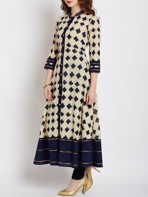 cream cotton flared kurta - 15070149 - Standard Image - 2