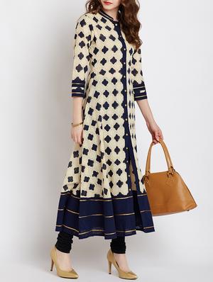cream cotton flared kurta - 15070149 - Standard Image - 3