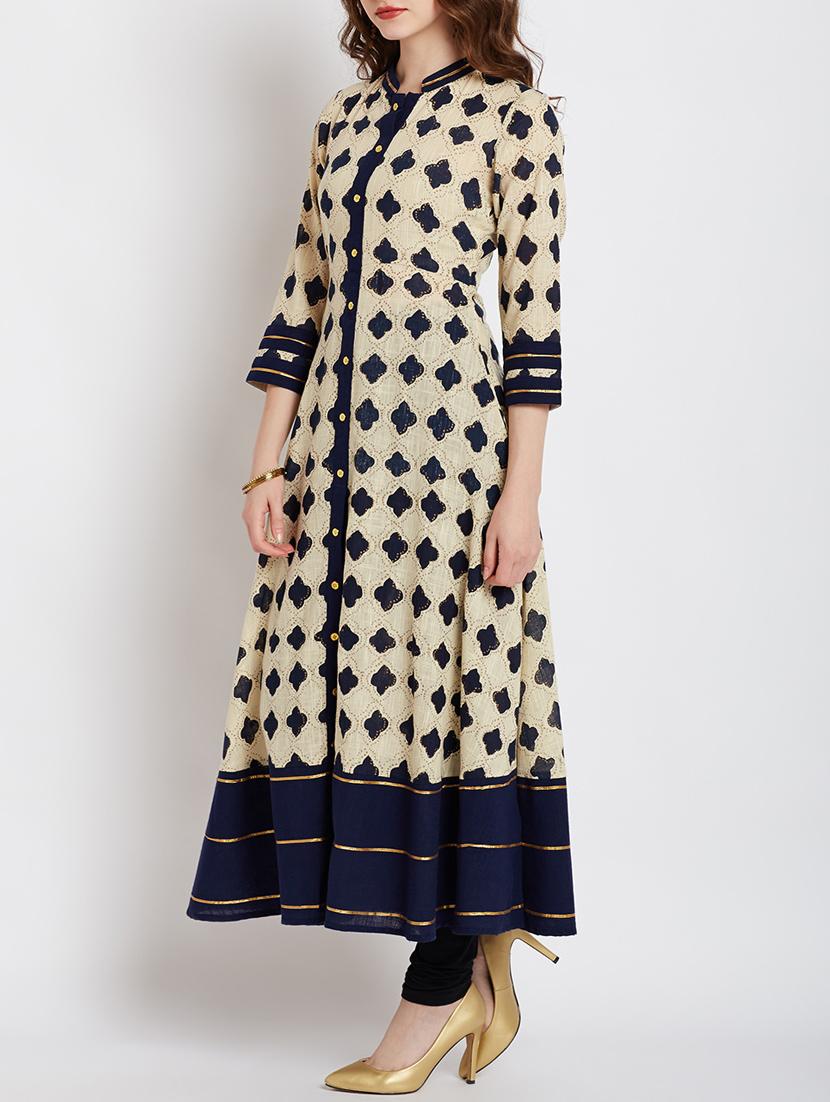 cream cotton flared kurta - 15070149 - Zoom Image - 2