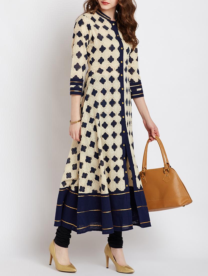 cream cotton flared kurta - 15070149 - Zoom Image - 3