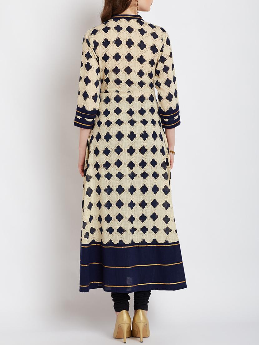 cream cotton flared kurta - 15070149 - Zoom Image - 4