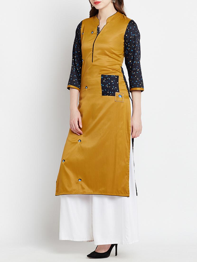 mustard cotton straight kurta - 15070157 - Zoom Image - 2