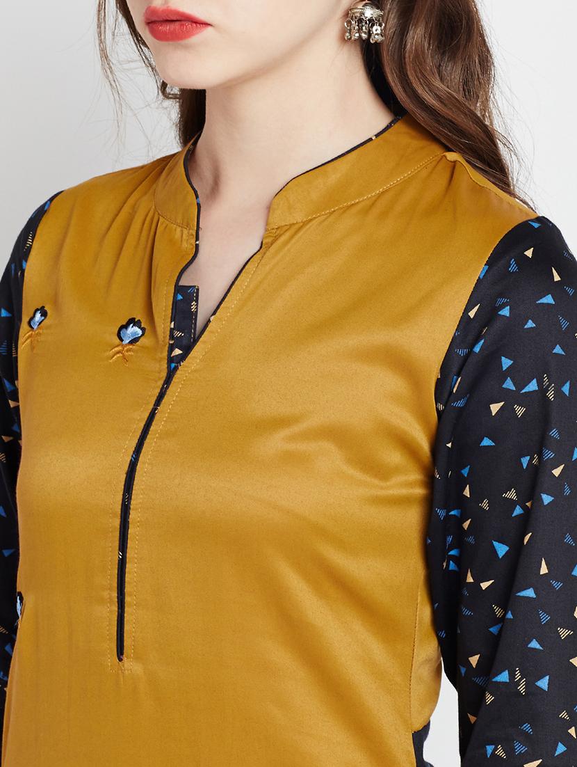 mustard cotton straight kurta - 15070157 - Zoom Image - 5