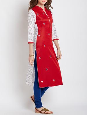 red cotton straight kurta - 15070178 - Standard Image - 3