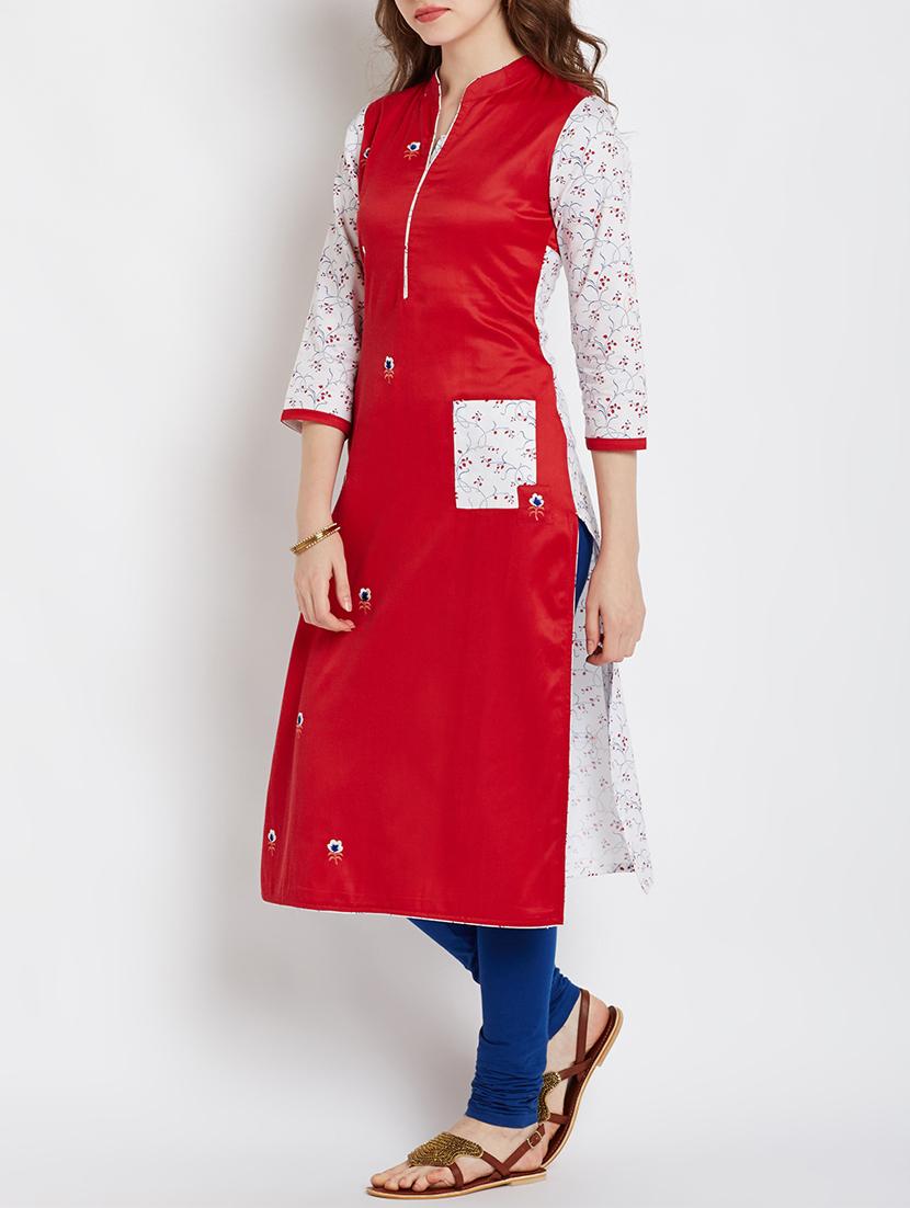 red cotton straight kurta - 15070178 - Zoom Image - 2
